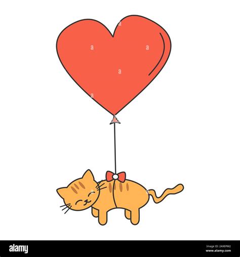 cute cartoon cat flying in the sky with big heart balloon romantic ...