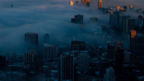 Wallpaper aerial view night city skyscrapers fog clouds | Night city ...