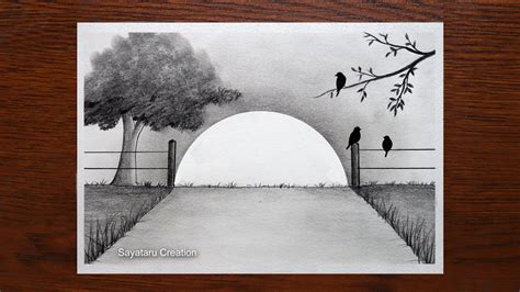 Sunset Scenery Drawing with Pencil Sketch Step by Step, Sunrise Scenery Drawing - YouTube