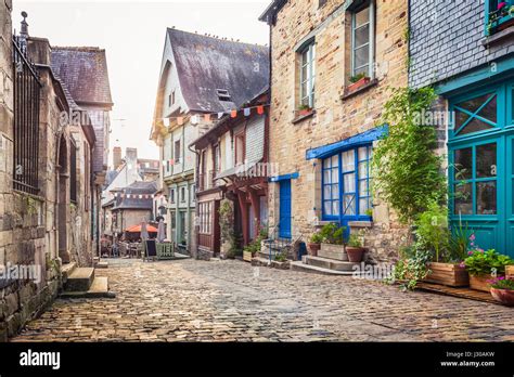 Panoramic view of a charming street scene in an old town in Europe in ...