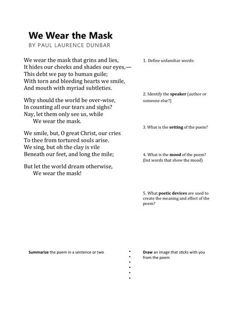 We Wear the Mask by Paul Lawrence Dunbar Poetry Analysis Worksheet