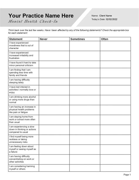 Mental Health Check in Questions Checklist (Editable, Fillable, Printable PDF) - TherapyPatron.com