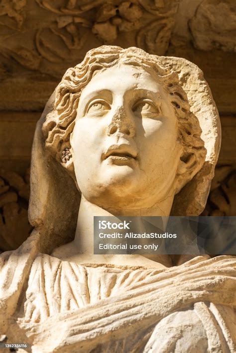 Closeup Portrait Of The Statue Of Arete In The Celsus Library At ...