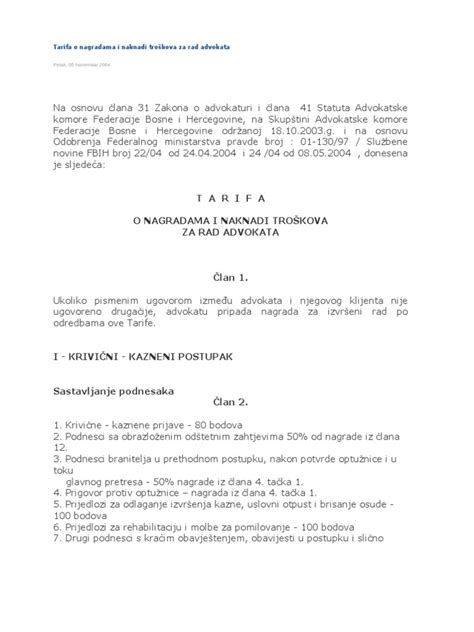 Advokatska Tarifa FBiH | PDF