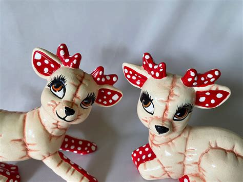 Vintage Kimple Reindeer Set, Pair Ceramic Hand Painted Deer Figurines, MCM Christmas D ...