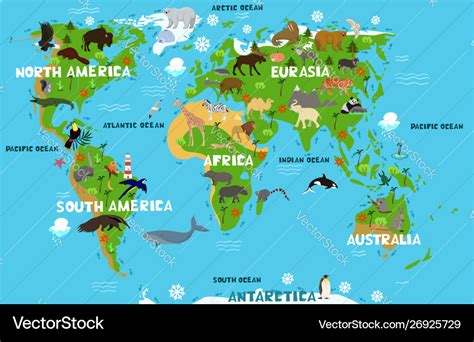 Children s world map with names continents Vector Image