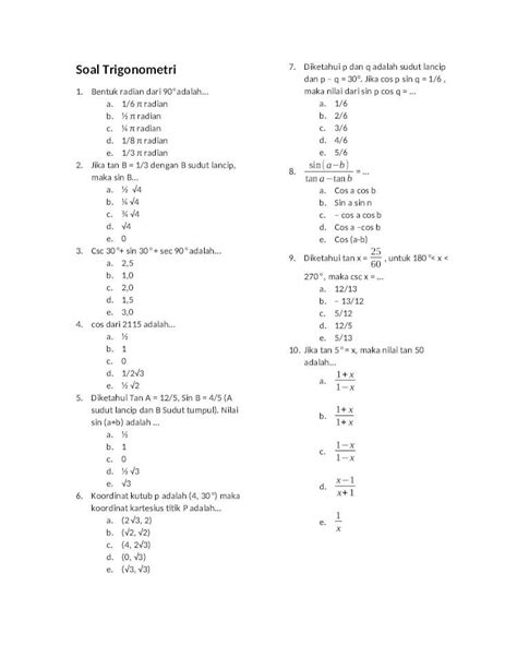 (DOCX) Soal Trigonometri (MTK) - DOKUMEN.TIPS