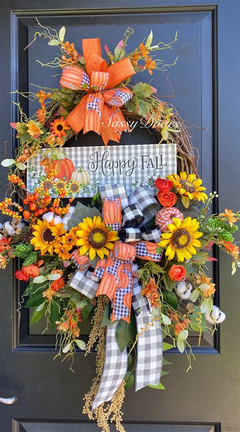 Happy Fall Wreath, Fall Sunflower Wreath, Fall Wreath, Sunflower Front Door Wreath- Pumpkin ...