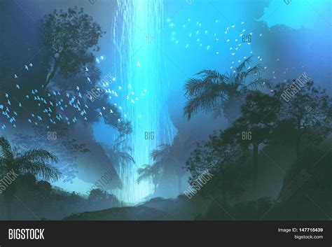 night scenery showing blue waterfall in forest, landscape painting ...