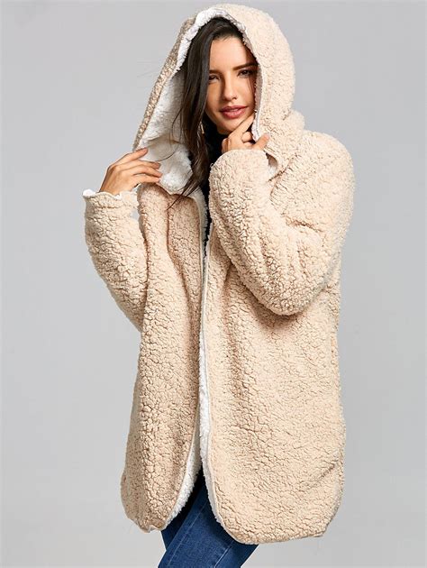 [48% OFF] Reversible Hooded Fleece Coat | Rosegal