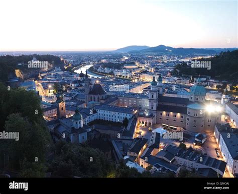 Aerial view of Salzburg at night. It is the largest fully preserved ...