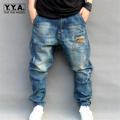 Blue Hole Ripped Baggy Jeans Men Hip Hop Streetwear Skateboarder Denim Pants Men's Loose Fit ...