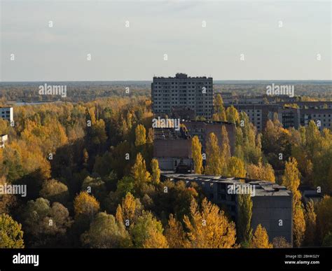 View from roof of ghost town Pripyat, post apocalyptic city, autumn ...