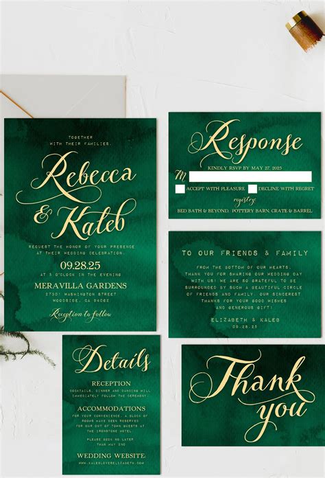 Emerald Green and Gold Wedding Invitation Suite, Watercolor, Elegant, Calligraphy, Printable ...