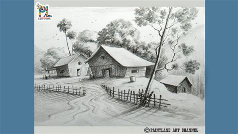 Indian village scenery drawing with pencil sketching and shading || easy step by step pencil art ...