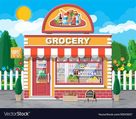 Grocery store front with window and door Vector Image