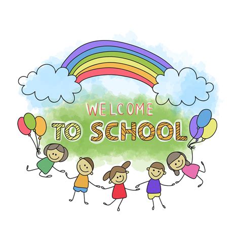 Welcome to school, handwritten quotes, cute cartoon kids joyful with ...