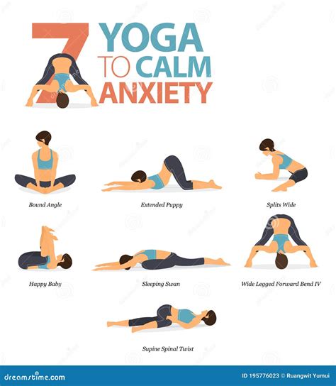 7 Yoga Poses To Calm Anxiety Concept. Women Exercising for Body Stretching. Yoga Posture or ...