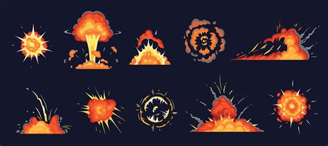 Cartoon explosion. Exploding bomb, atomic explode effect and comic explosions smoke clouds ...