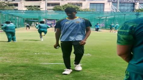 Six feet nine inches tall, net bowler Nishanth Saranu stands out in Pakistan training session