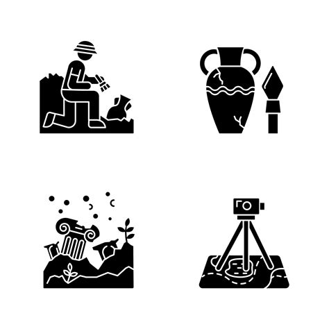 Archeology glyph icons set. Excavation, research. Ancient artifact ...