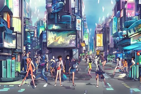 futuristic city street with people fighting, anime | Stable Diffusion