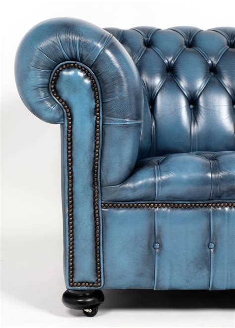 Vintage Steel Blue Leather Chesterfield Sofa at 1stdibs