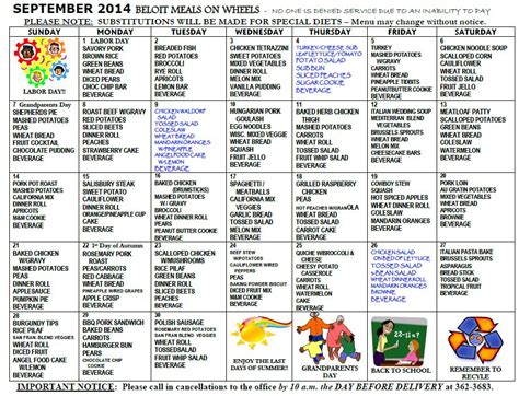 September Meals On Wheels Beloit menu - Beloit Meals On Wheels