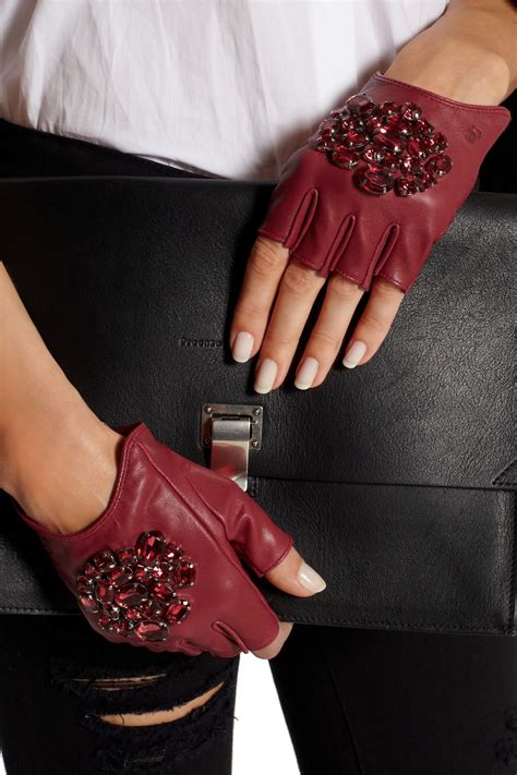 Lyst - Karl Lagerfeld Crystal Embellished Fingerless Leather Gloves in Red