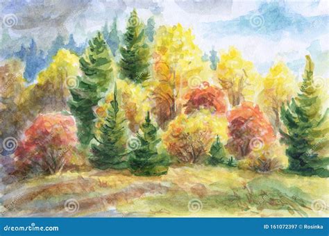 Autumn Forest - Watercolor Landscape Painting Stock Illustration - Illustration of landscape ...