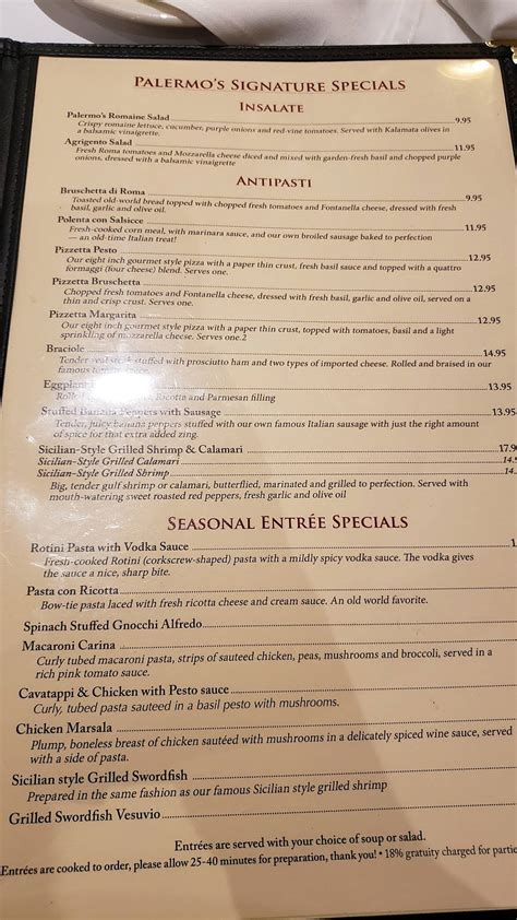 Menu at Palermo's 95th Italian Cuisine pizzeria, Oak Lawn, 95th St