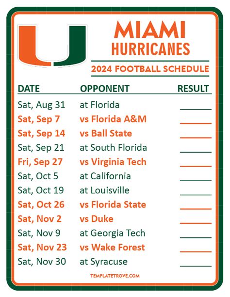 Printable 2024 Miami Hurricanes Football Schedule