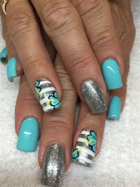 Blue and silver with flowers #nails #nailart | Nails, Nail designs ...