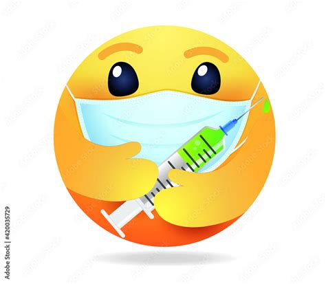 High quality emoticon on white background. Emoji with Vaccine syringe ...