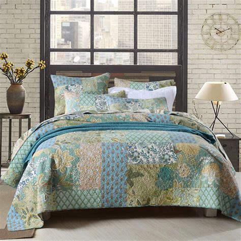 feelyou 100% Cotton Quilt Set 3 PCS Queen Size Bedding Set Gorgeous Floral Pattern Quilted Beds ...