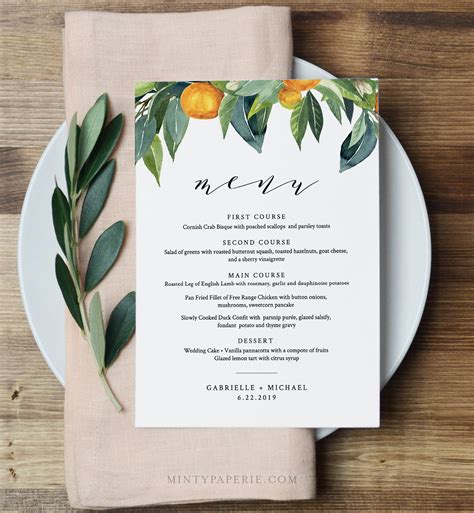 Citrus Menu Template, Wedding Menu Card, Orange Blossom, Lemon, Printable DIY Menu, INSTANT ...