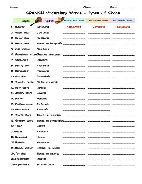 Spanish Types Of Shops Vocabulary Word List Column Worksheet | Made By Teachers