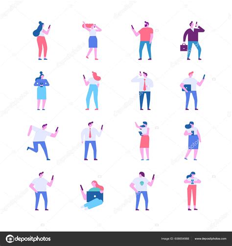 Tiny People Silhouette Holding Phone Hand Flat Vector Set Stock ...