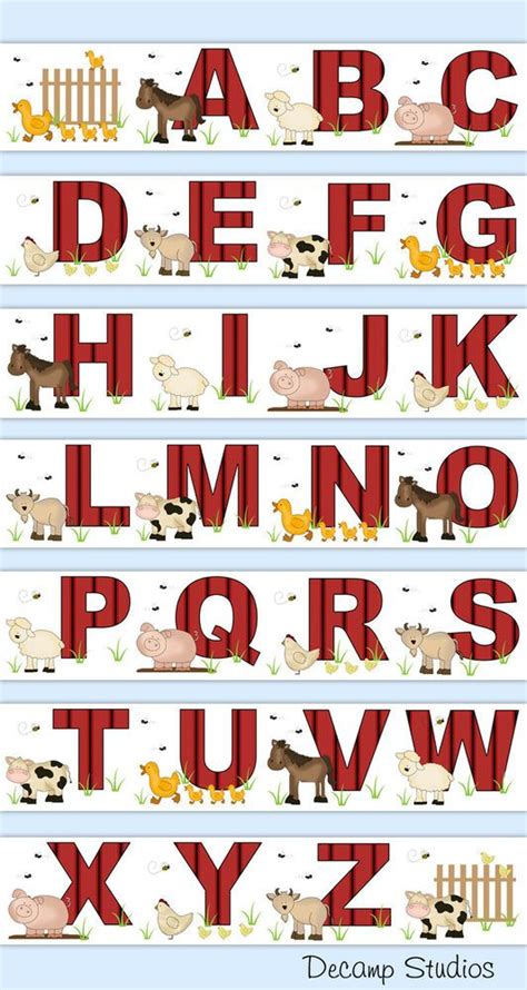 Barnyard Farm Animals Alphabet Abc Wallpaper Border Wall Art Decals Boy Nursery #DecampStudios ...