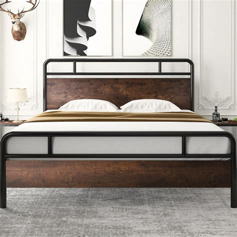 Amolife King Size Modern Heavy Duty Metal Platform Bed Frame with Modern Wood Headboard, Sanders ...