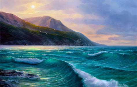 Sunrise Over Sea. Painting Seascape. Stock Image - Image of sunrise, cleanliness: 124846393