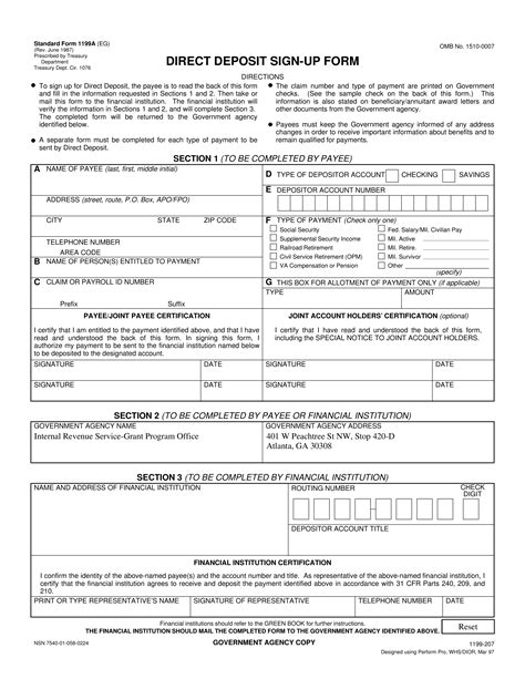 Free Standard Direct Deposit Authorization Form (Federal 1199A) - PDF – eForms