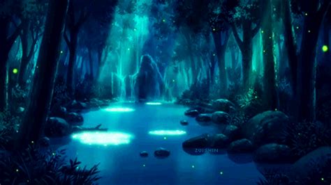 a painting of a person standing in the middle of a forest at night with ...