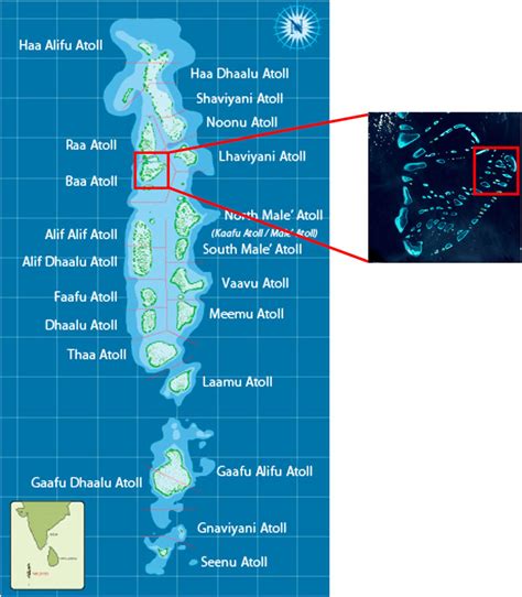 (Colour online) Map of the Maldives Archipelago and Baa Atoll with the... | Download Scientific ...