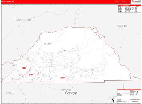 Clay County, NC Zip Code Wall Map Red Line Style by MarketMAPS - MapSales