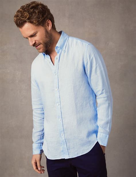 Men's Light Blue Slim Fit Linen Shirt - Single Cuff | Hawes and Curtis