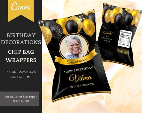 Birthday Chip Bag Template Elegant Customizable Party - Etsy Canada