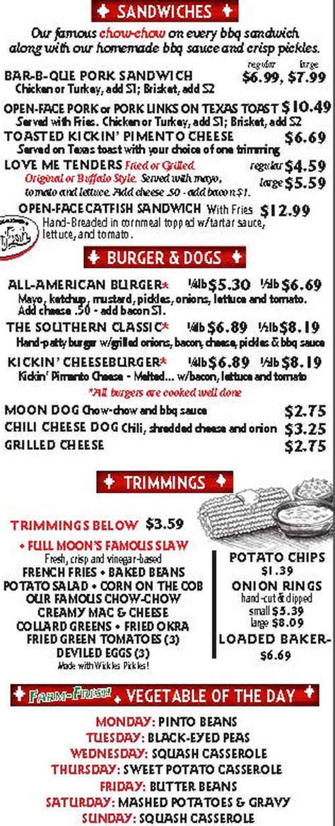 Full Moon BBQ Menu, Tuscaloosa, AL