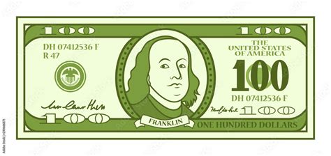 Cartoon 100 dollar bill with stylized Franklin portrait. Play money or fake banknote. Vector ...