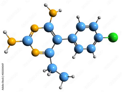 3D image of Pyrimethamine skeletal formula - molecular chemical structure of anti-parasitic ...